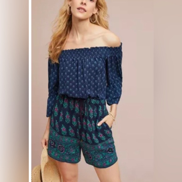 Anthropologie Pants - Anthropologie Navy Blue/Purple floral Romper
